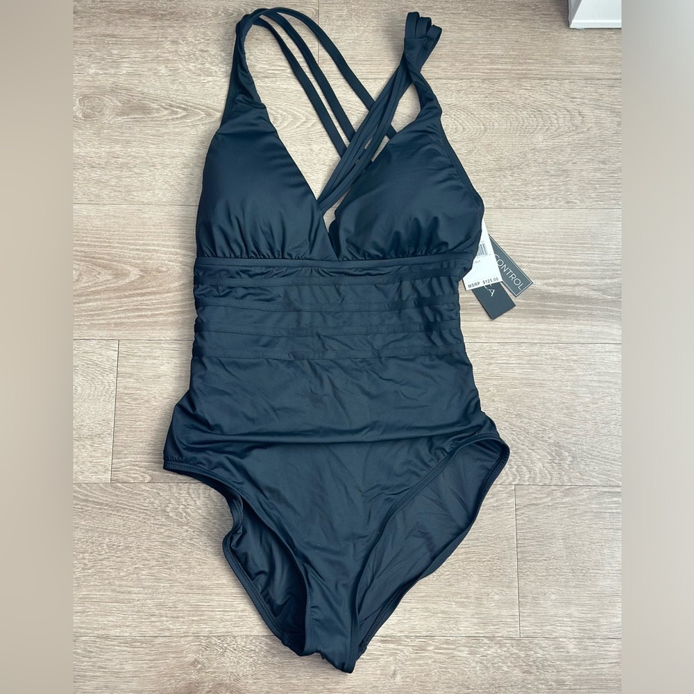 La Blanca Island Goddess Multi Strap Cross Back One Piece size 10 Color Black